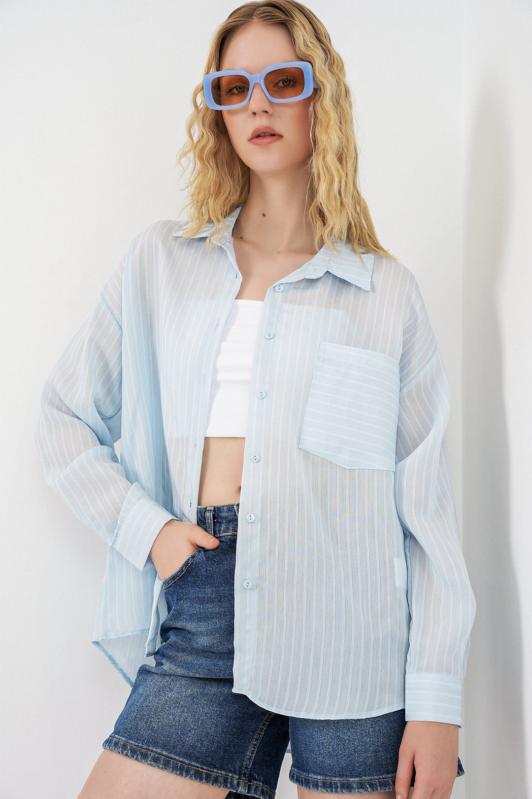 Bigdart Chemise oversize à rayures à poche unique pour femme 20375 - Bleu