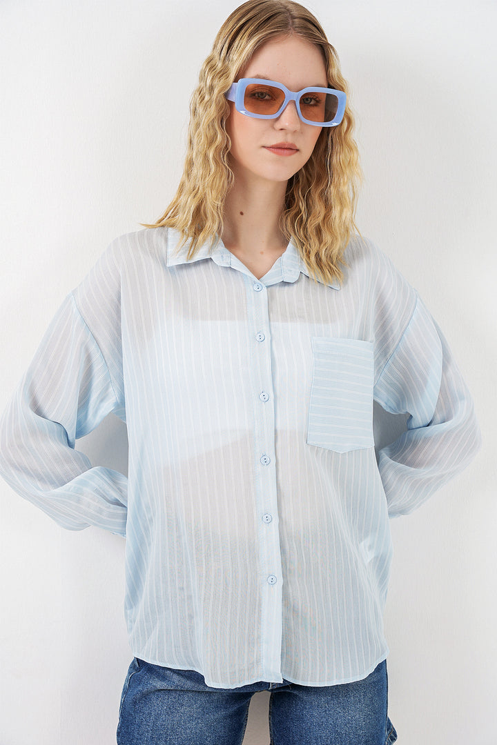 Bigdart Chemise oversize à rayures à poche unique pour femme 20375 - Bleu