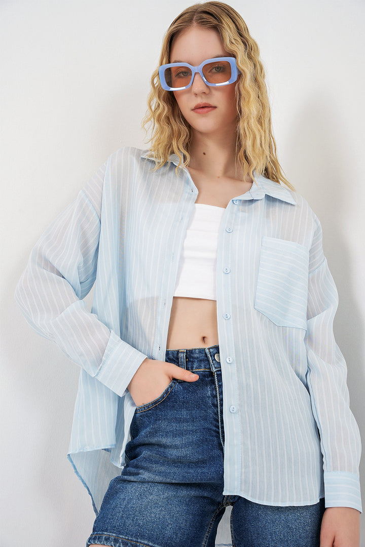 Bigdart Chemise oversize à rayures à poche unique pour femme 20375 - Bleu
