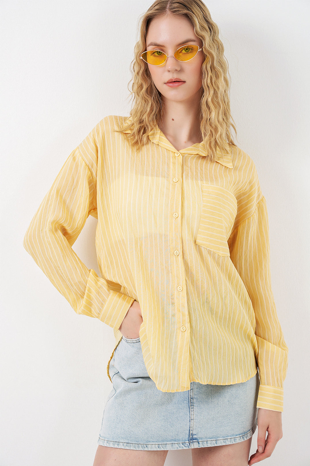 Bigdart Chemise oversize à rayures à poche unique pour femme 20375 - Jaune