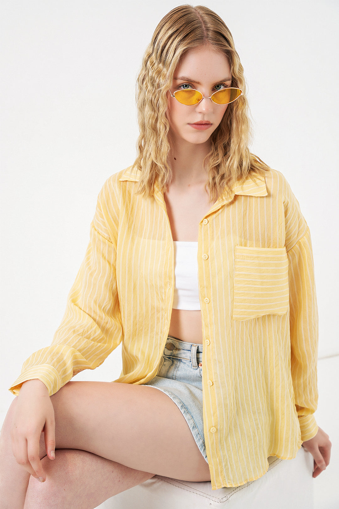 Bigdart Chemise oversize à rayures à poche unique pour femme 20375 - Jaune