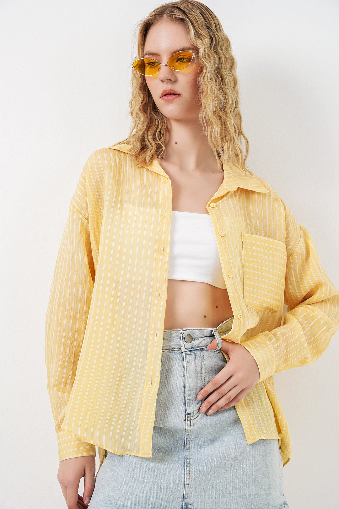 Bigdart Chemise oversize à rayures à poche unique pour femme 20375 - Jaune