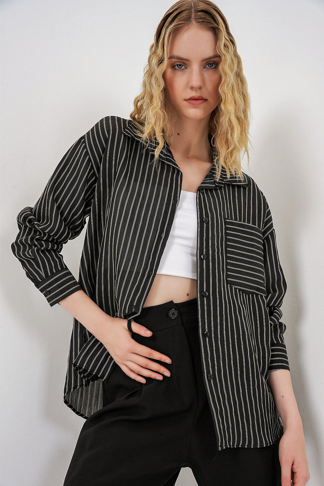 Bigdart Chemise oversize à rayures à poche unique pour femme 20375 - Noir