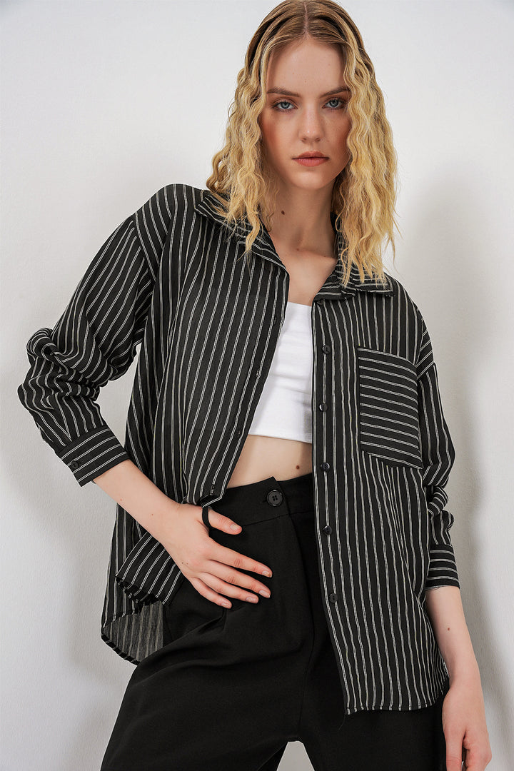Bigdart Chemise oversize à rayures à poche unique pour femme 20375 - Noir