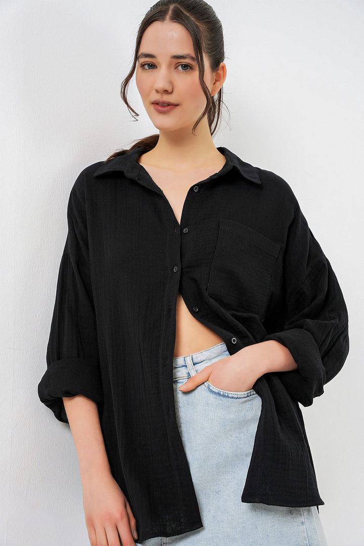 Bigdart Chemise en mousseline oversize à poche unique pour femme 20353 - Noir