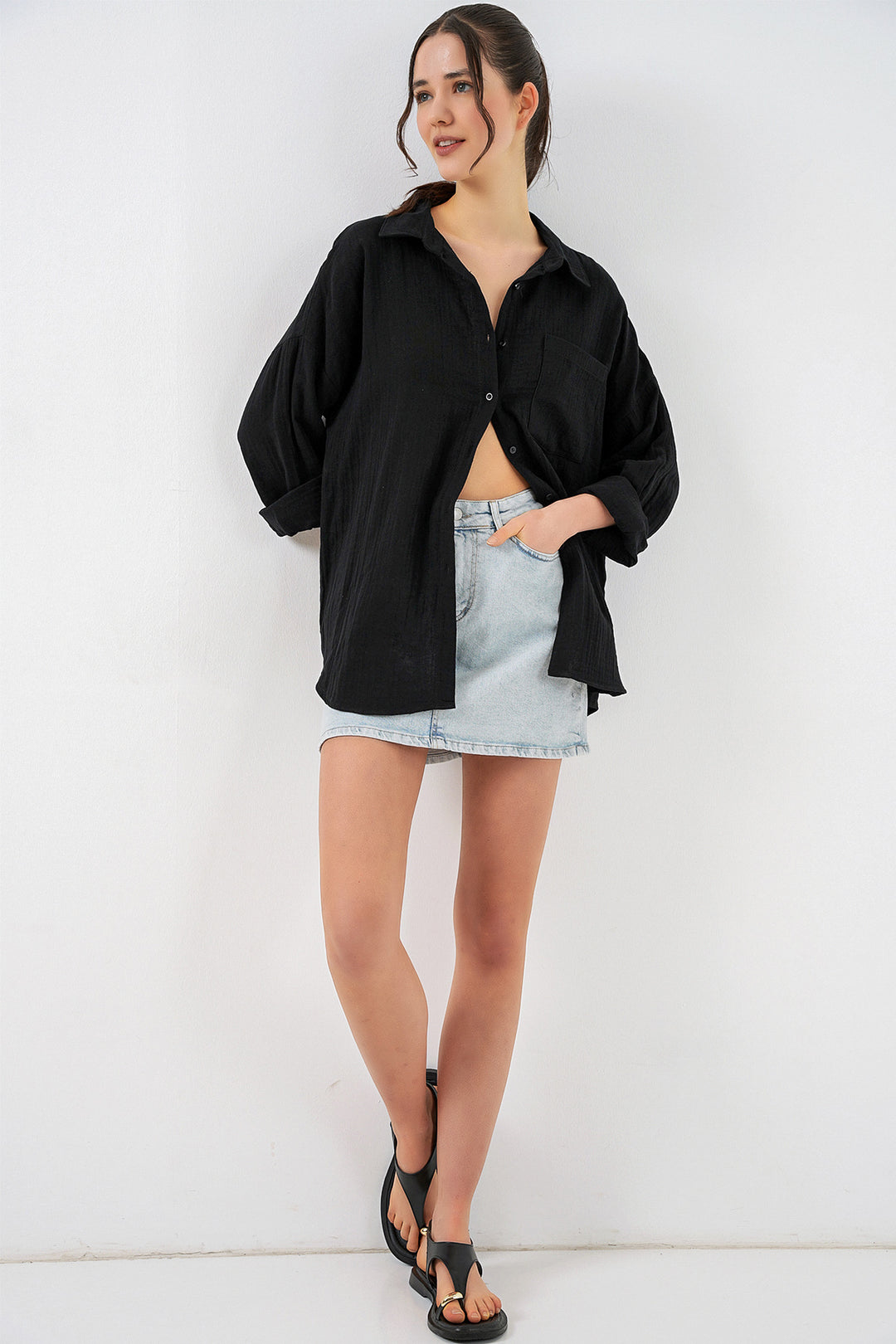 Bigdart Chemise en mousseline oversize à poche unique pour femme 20353 - Noir