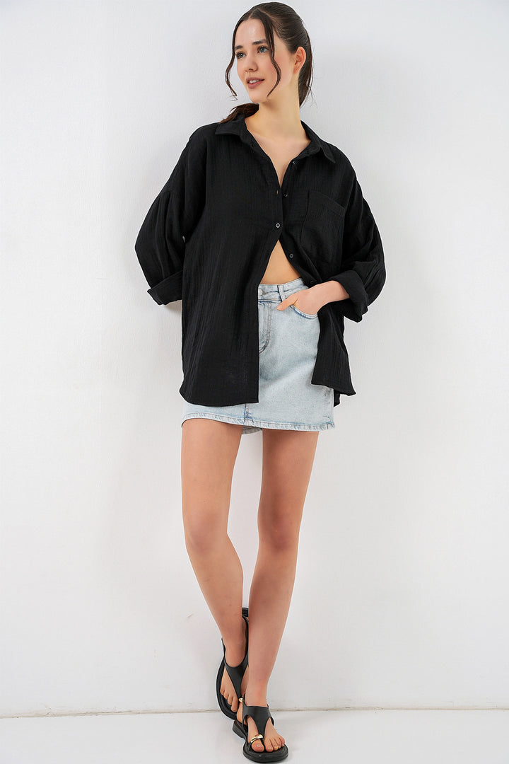 Bigdart Chemise en mousseline oversize à poche unique pour femme 20353 - Noir
