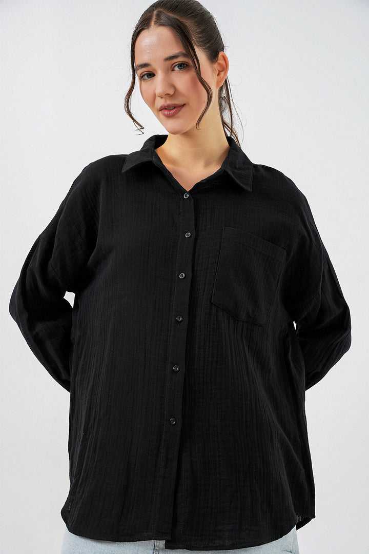 Bigdart Chemise en mousseline oversize à poche unique pour femme 20353 - Noir
