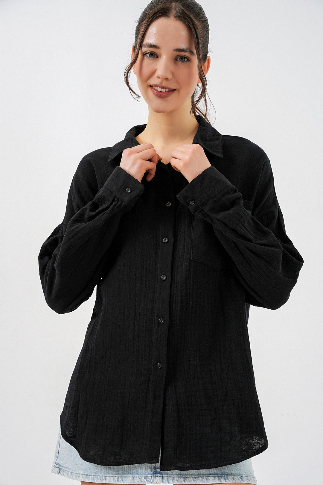 Bigdart Chemise en mousseline oversize à poche unique pour femme 20353 - Noir