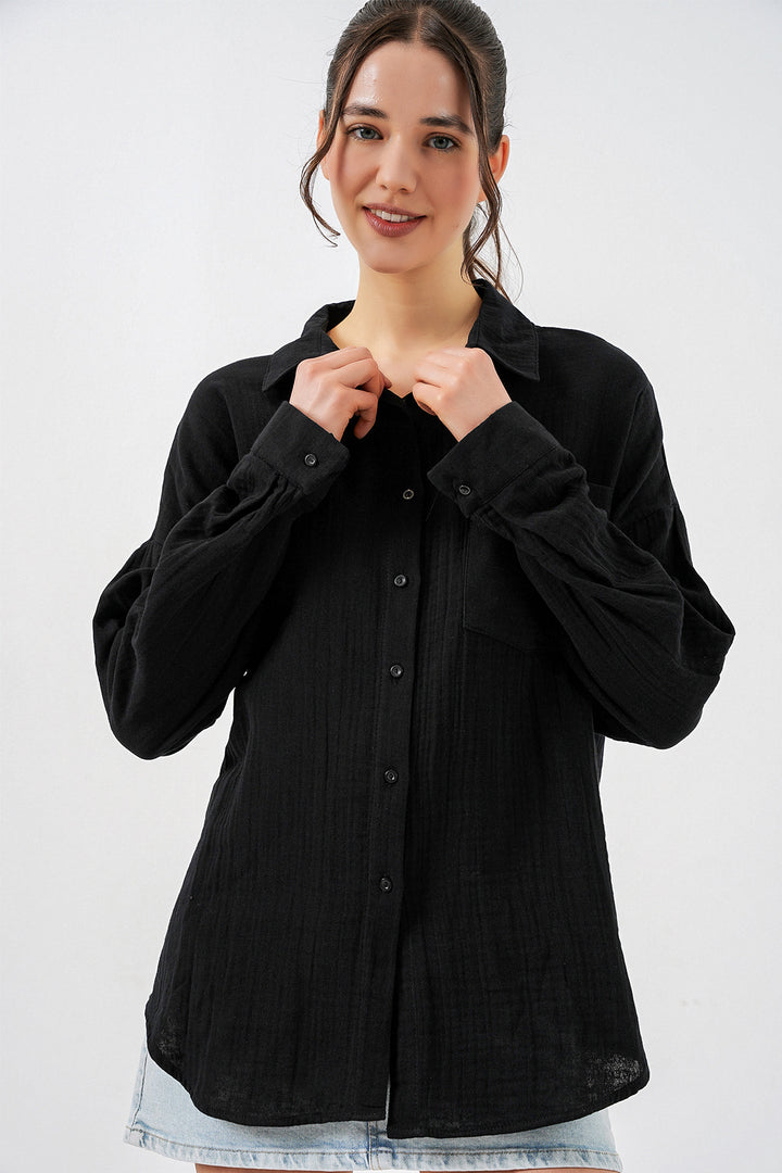 Bigdart Chemise en mousseline oversize à poche unique pour femme 20353 - Noir