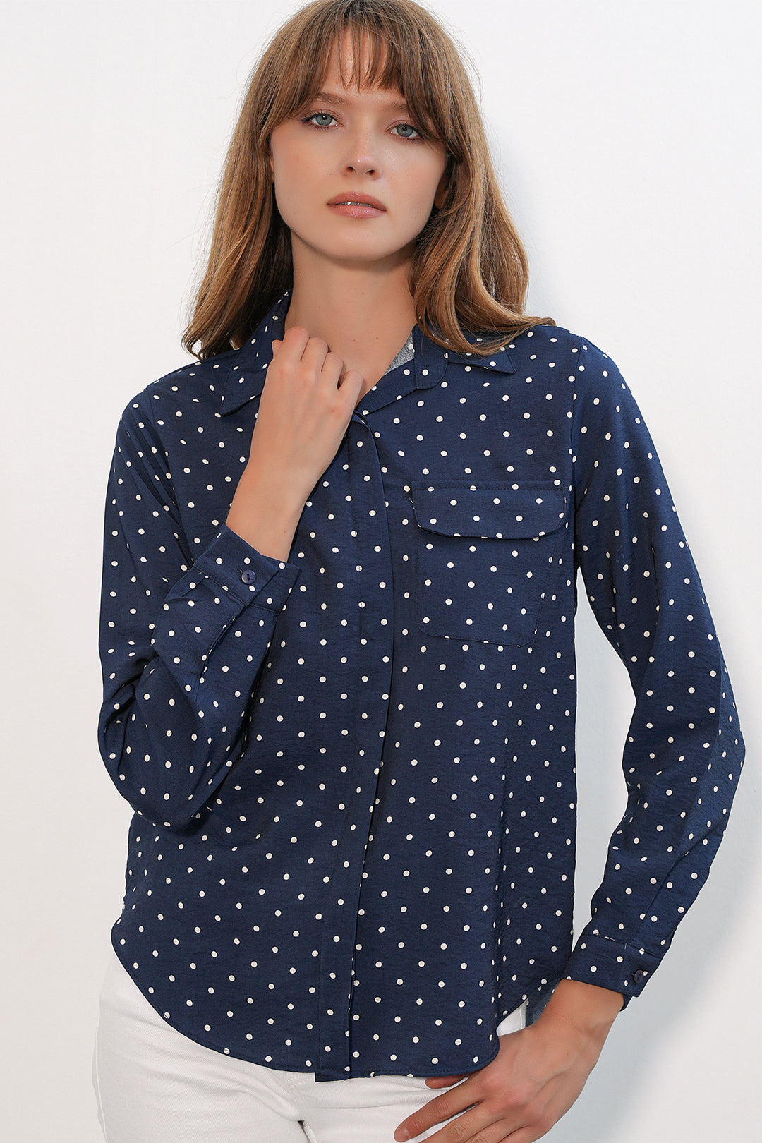 Bigdart Chemise oversize à pois et poche simple pour femme 20399 - Bleu marine