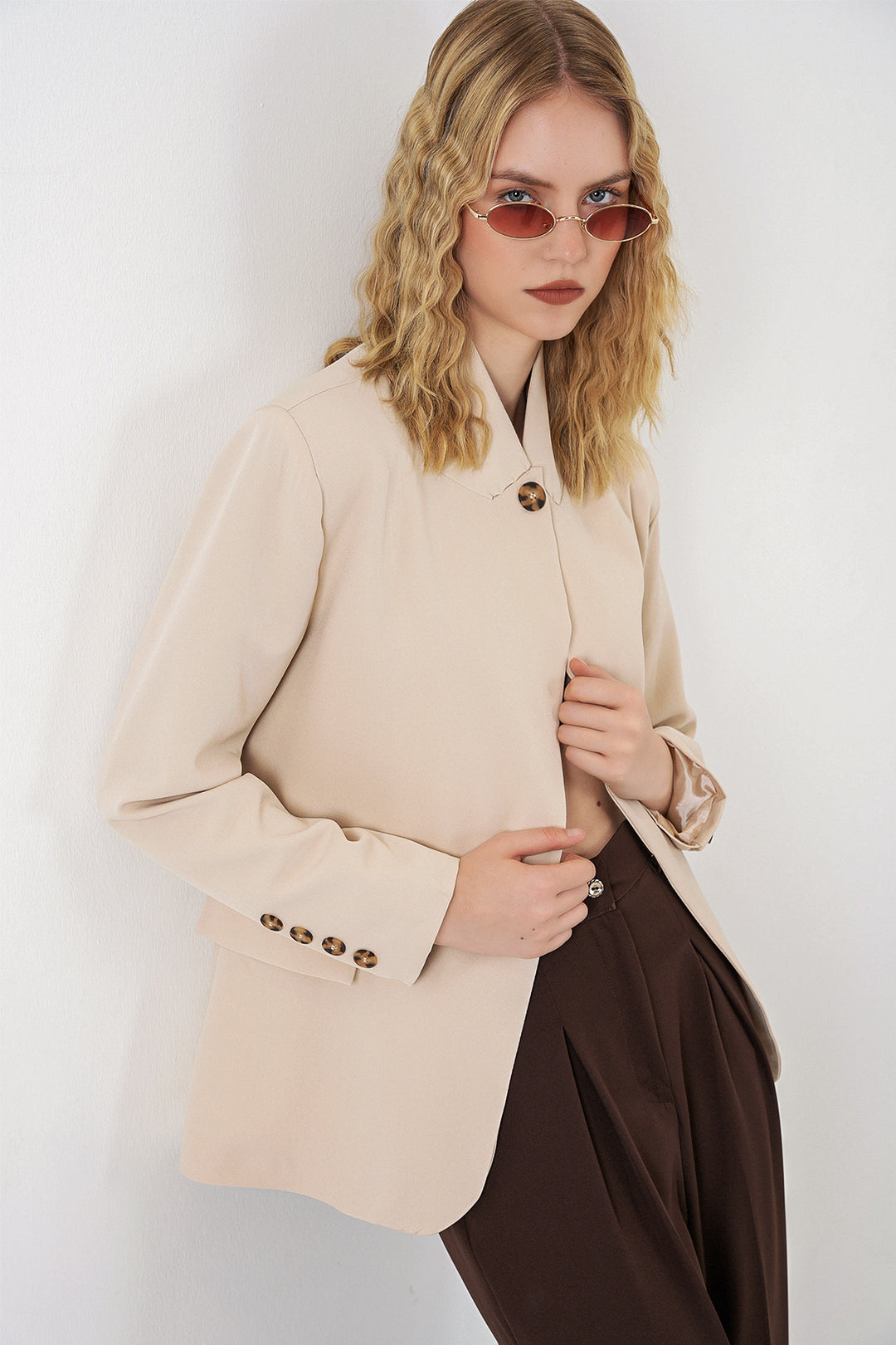 Bigdart Veste blazer oversize à bouton unique pour femme 0749 - Beige