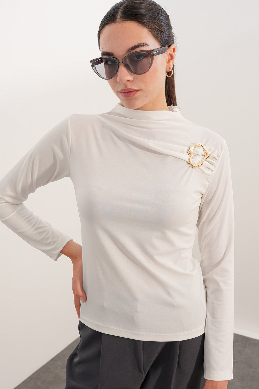 Bigdart Blouse à col en tulle pour femme 40046 - Blanc
