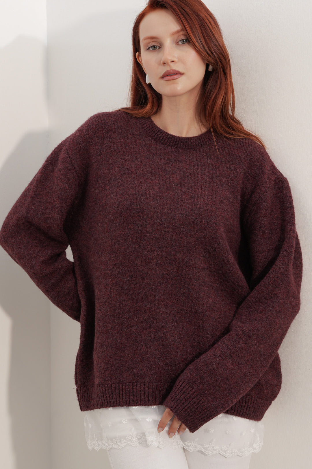 Bigdart Pull en tricot oversize avec détail en tulle 15968 - Bordeaux