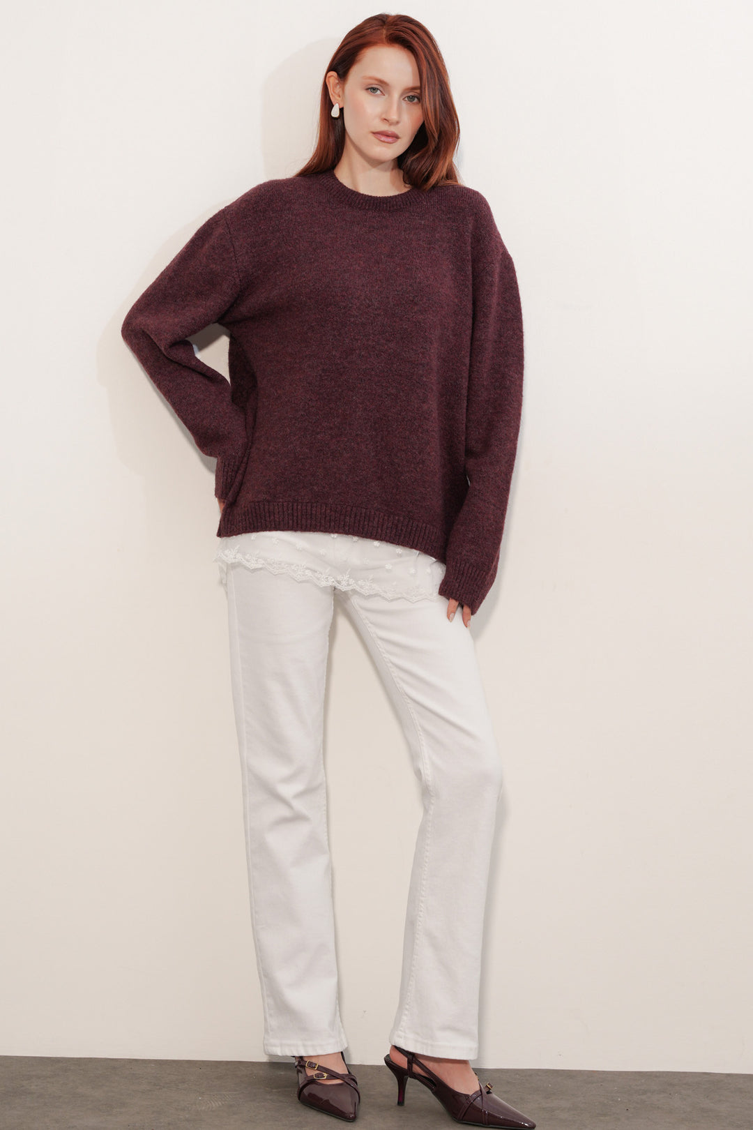 Bigdart Pull en tricot oversize avec détail en tulle 15968 - Bordeaux
