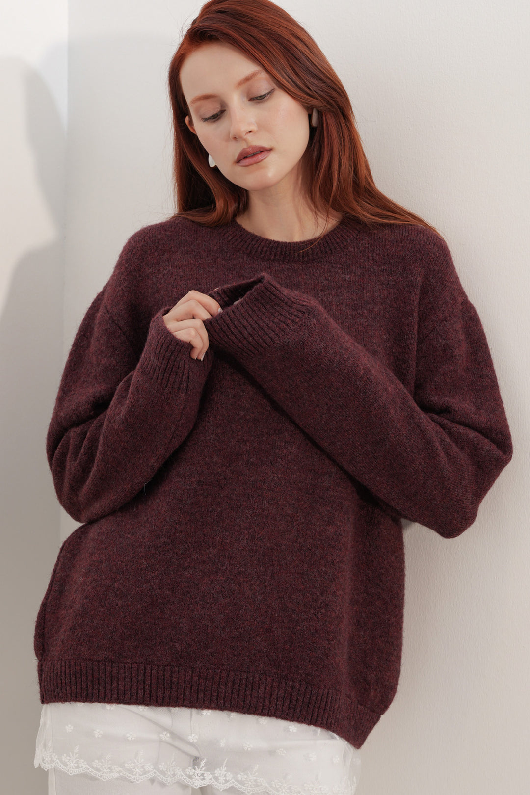 Bigdart Pull en tricot oversize avec détail en tulle 15968 - Bordeaux