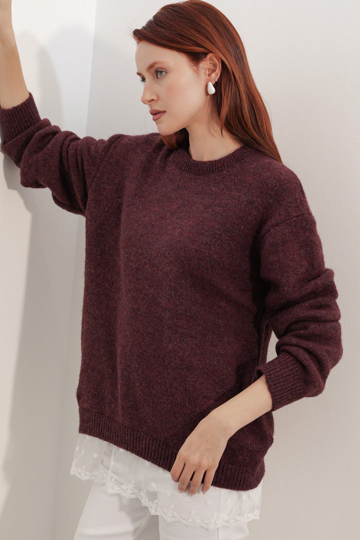 Bigdart Pull en tricot oversize avec détail en tulle 15968 - Bordeaux