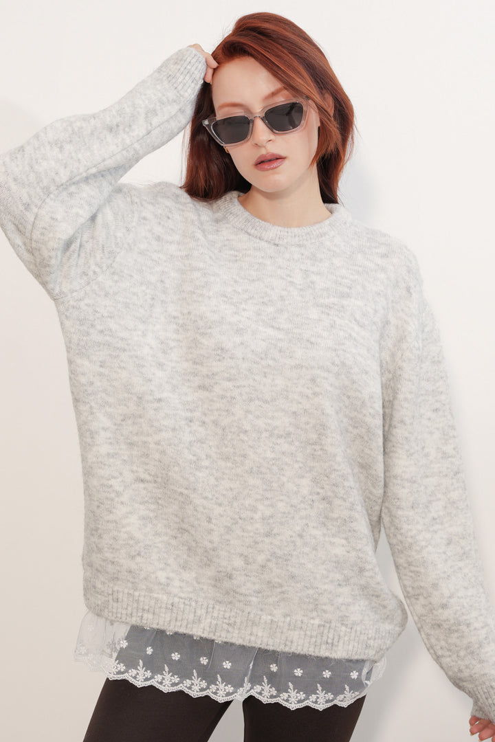 Bigdart Pull en tricot oversize avec détail en tulle 15968 - Écru