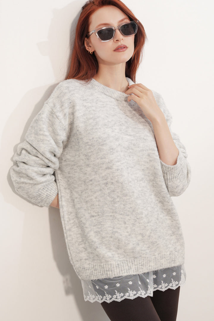 Bigdart Pull en tricot oversize avec détail en tulle 15968 - Écru
