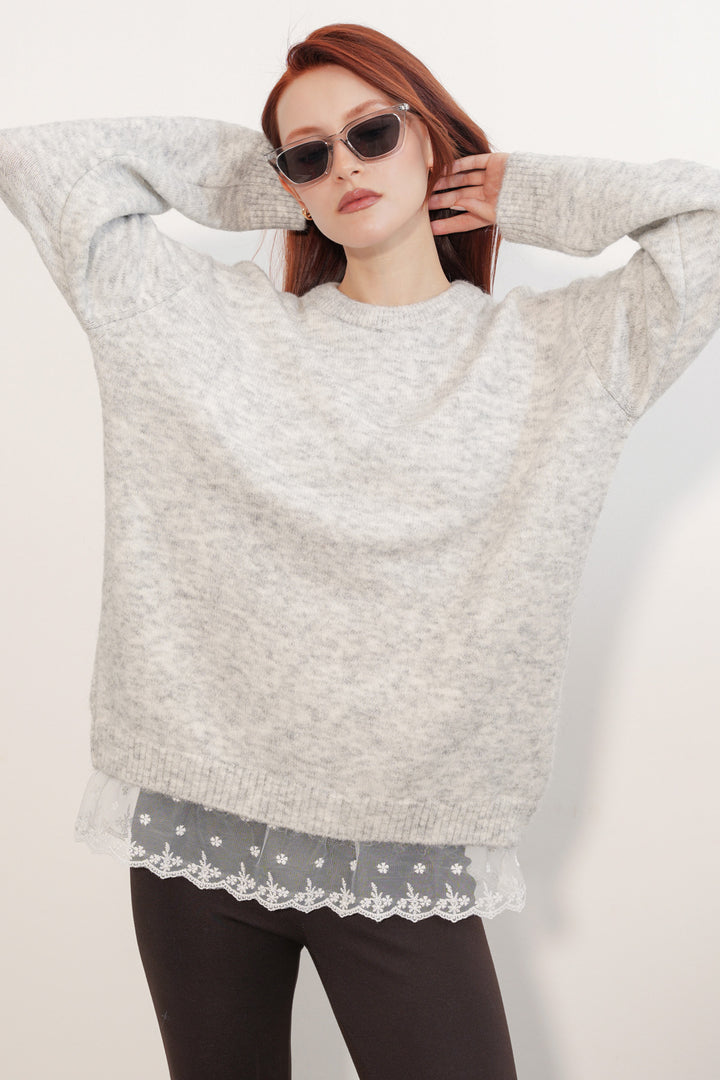 Bigdart Pull en tricot oversize avec détail en tulle 15968 - Écru