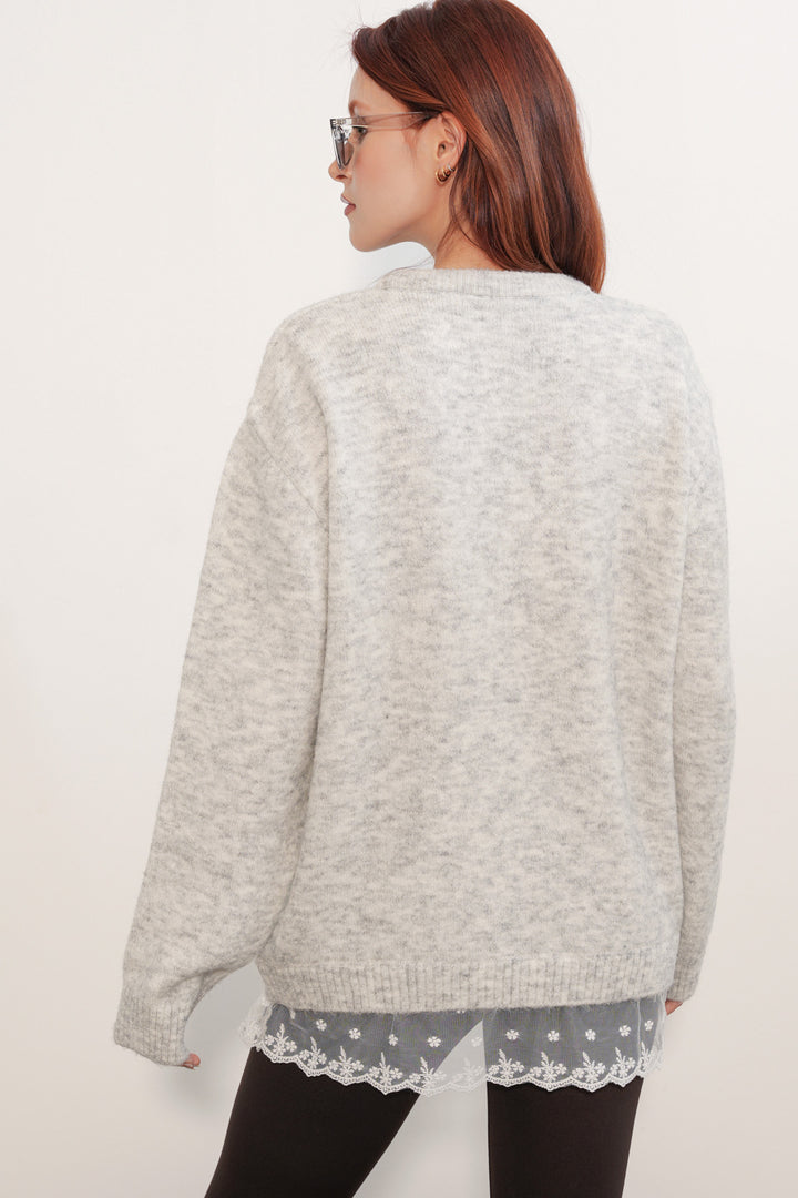 Bigdart Pull en tricot oversize avec détail en tulle 15968 - Écru