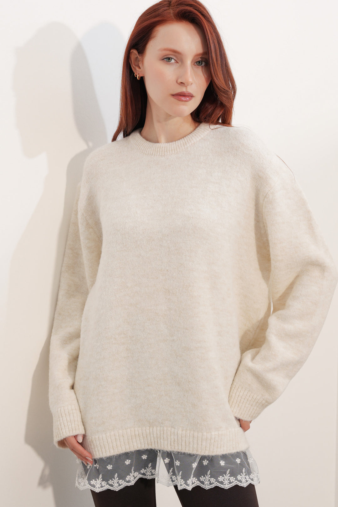 Bigdart Pull en tricot oversize avec détail en tulle 15968 - Crème