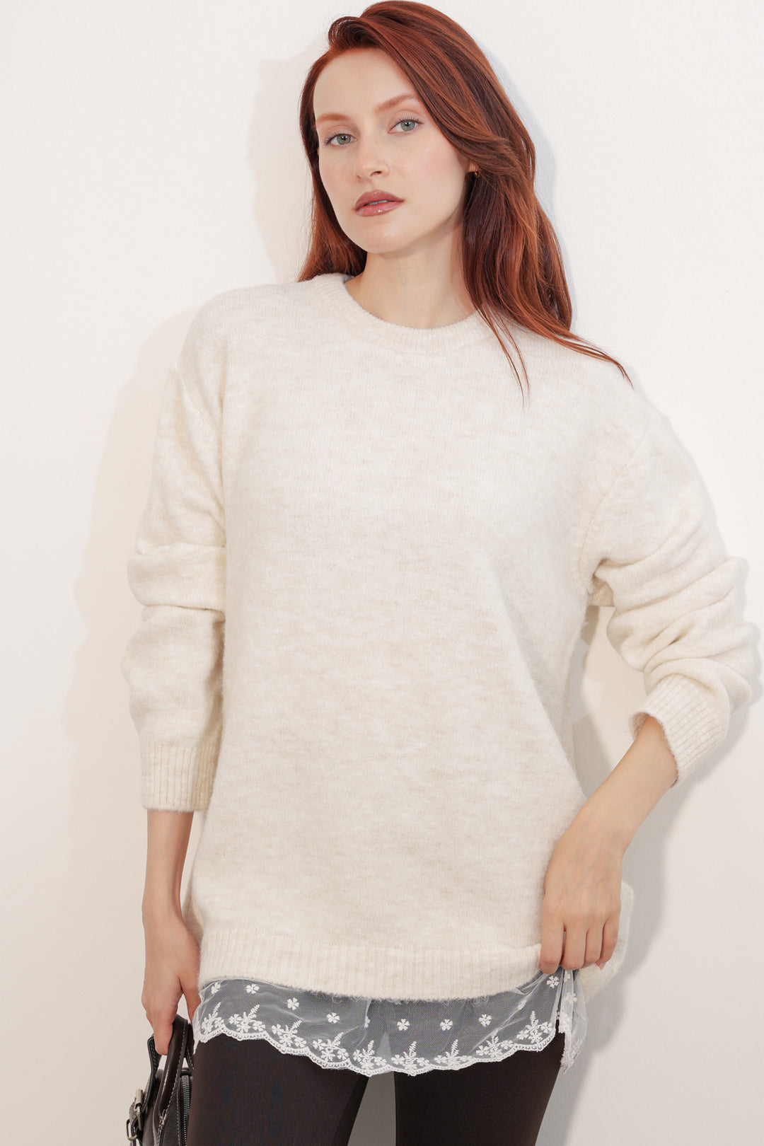 Bigdart Pull en tricot oversize avec détail en tulle 15968 - Crème