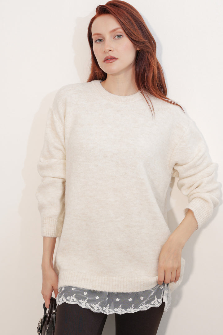 Bigdart Pull en tricot oversize avec détail en tulle 15968 - Crème
