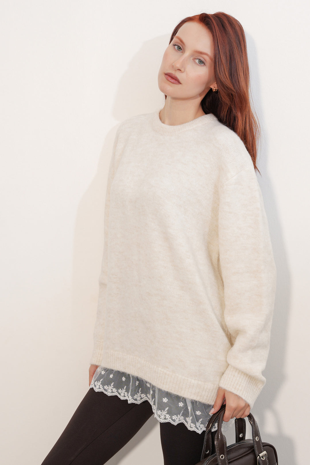 Bigdart Pull en tricot oversize avec détail en tulle 15968 - Crème