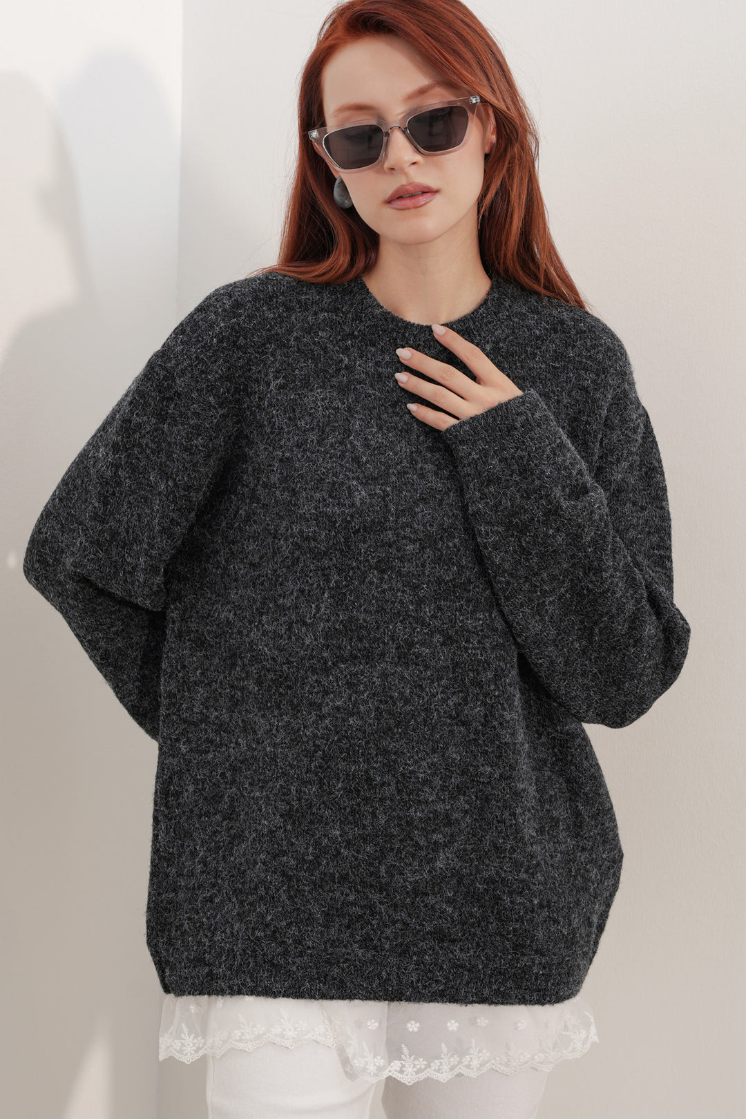 Bigdart Pull en tricot oversize avec détail en tulle 15968 - Noir