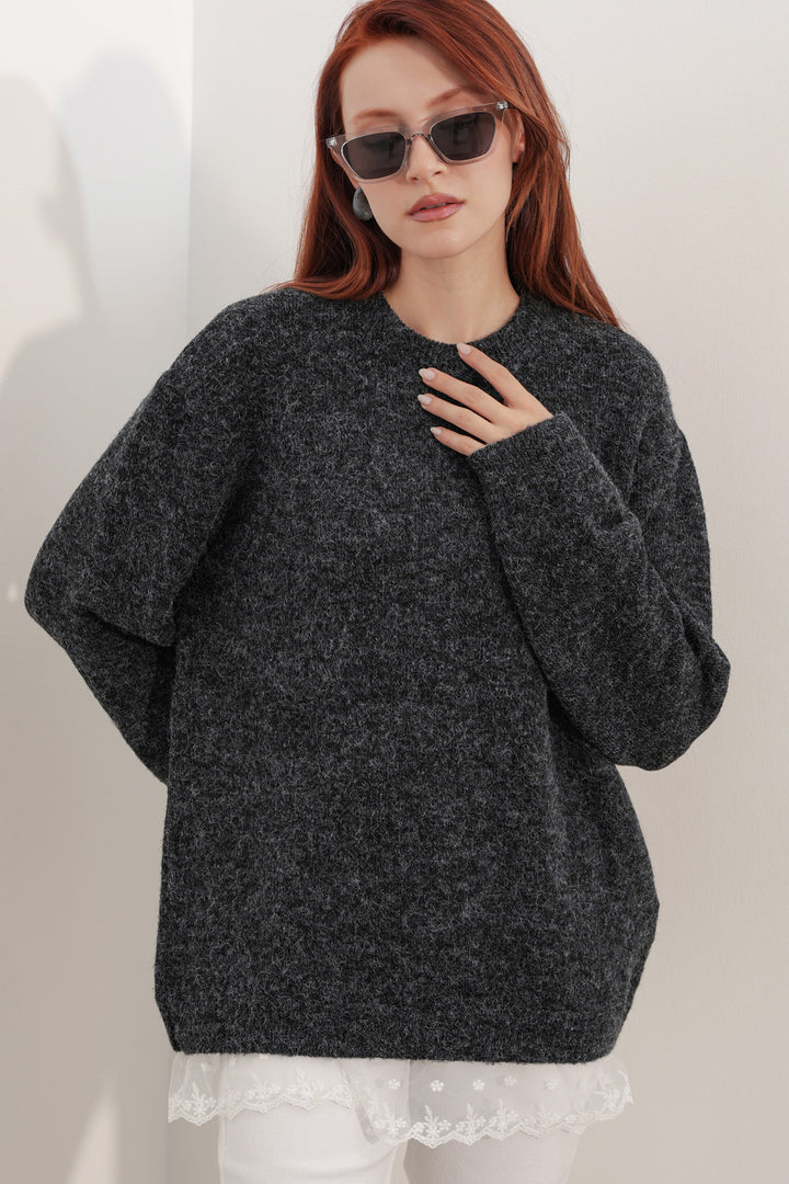 Bigdart Pull en tricot oversize avec détail en tulle 15968 - Noir