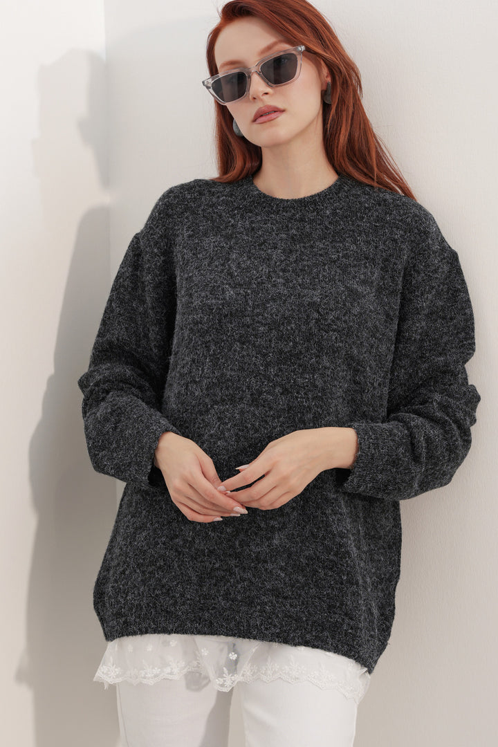 Bigdart Pull en tricot oversize avec détail en tulle 15968 - Noir