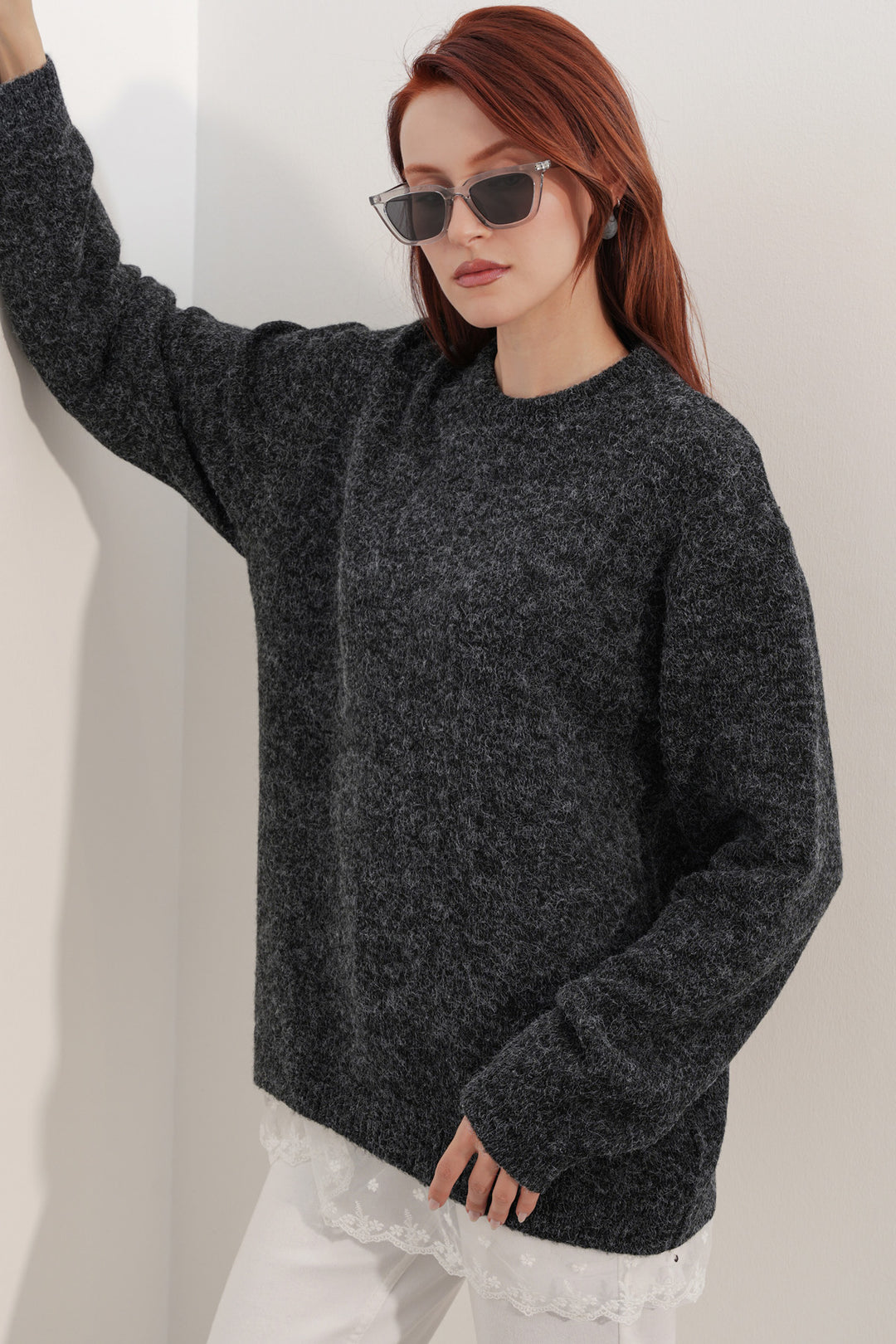 Bigdart Pull en tricot oversize avec détail en tulle 15968 - Noir