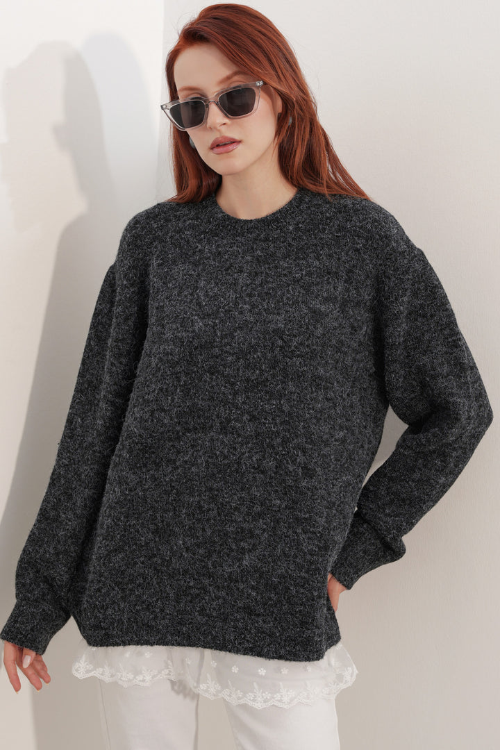 Bigdart Pull en tricot oversize avec détail en tulle 15968 - Noir