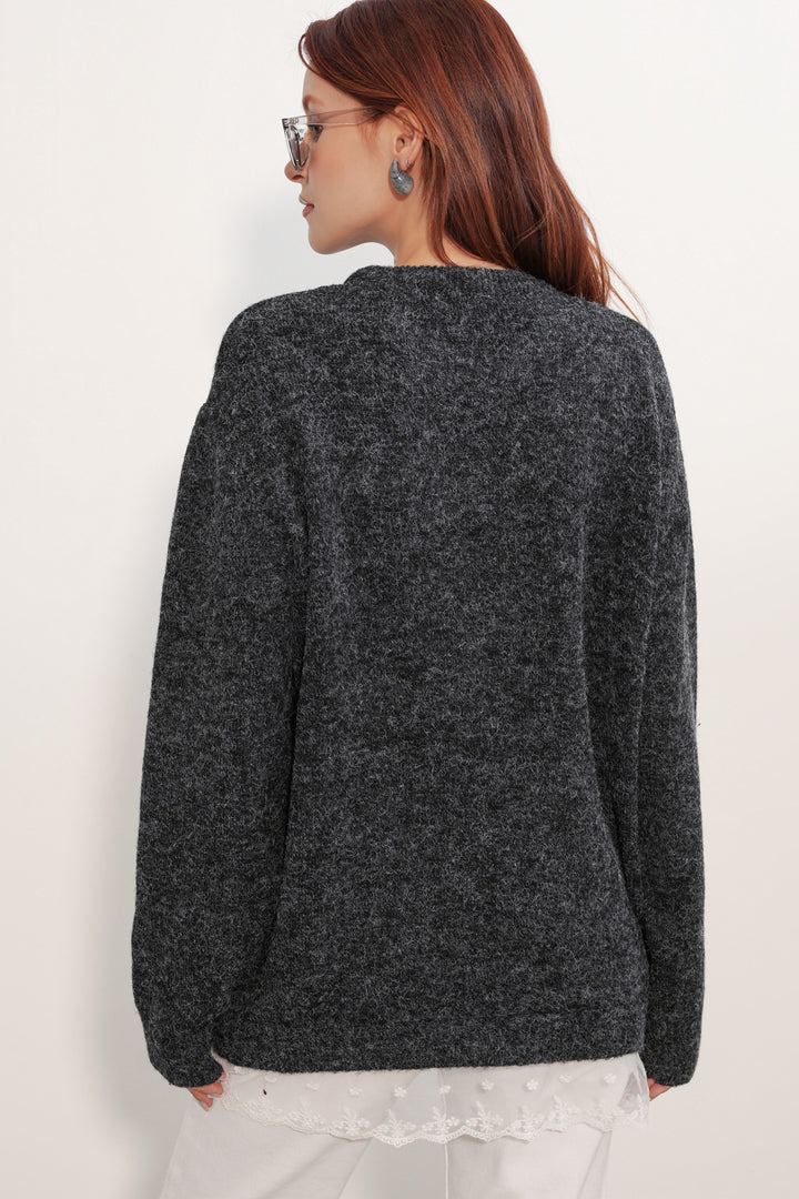 Bigdart Pull en tricot oversize avec détail en tulle 15968 - Noir