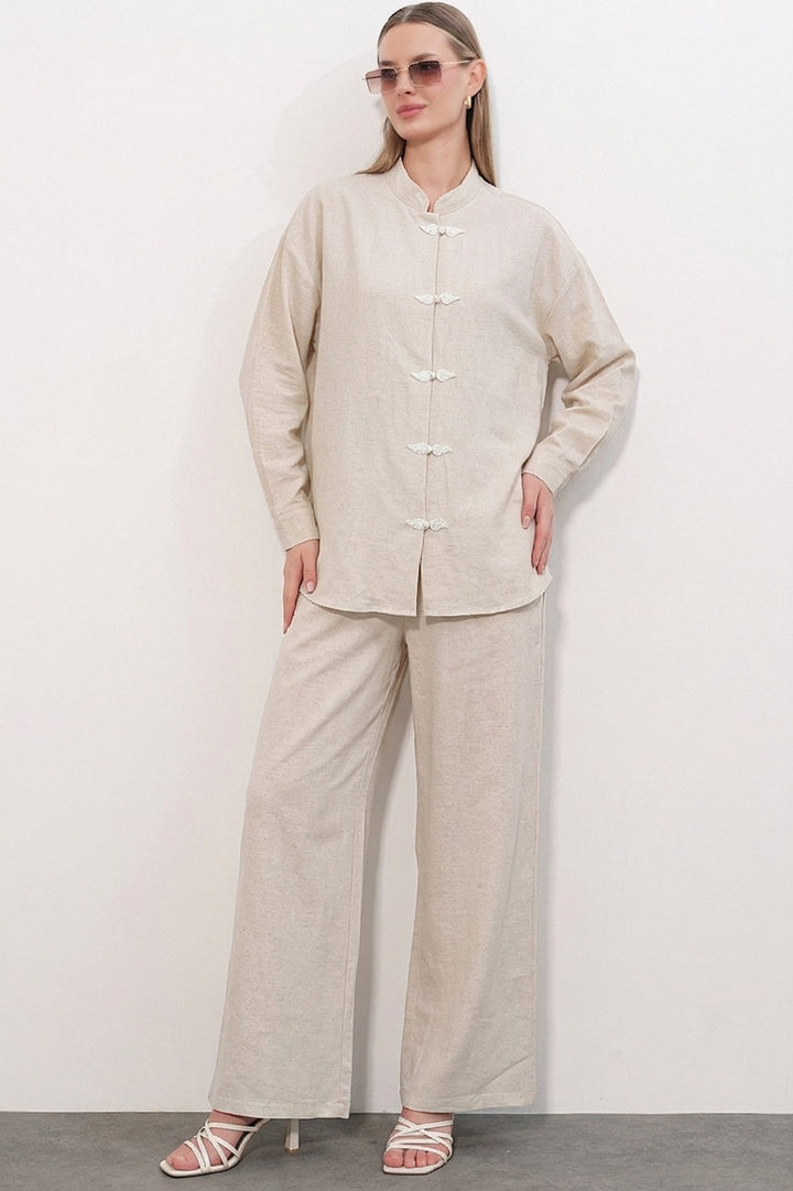 Bigdart Ensemble Tunique Pantalon en Lin Femme 30121 - Écru