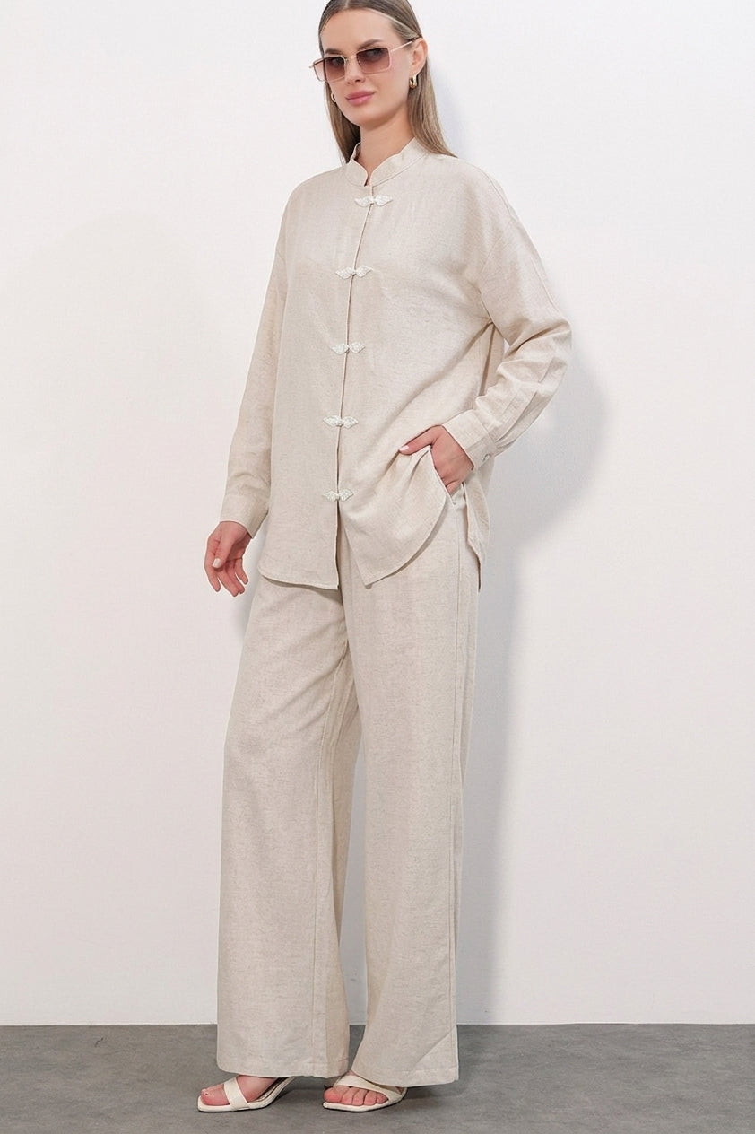 Bigdart Ensemble Tunique Pantalon en Lin Femme 30121 - Écru