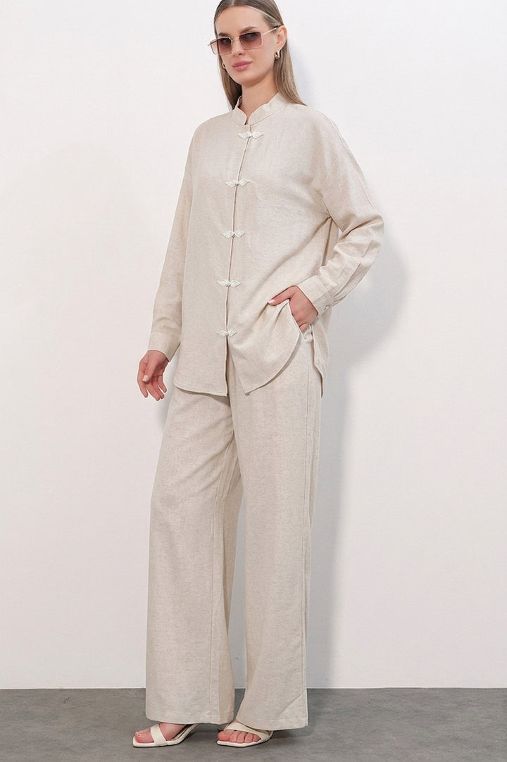 Bigdart Ensemble Tunique Pantalon en Lin Femme 30121 - Écru