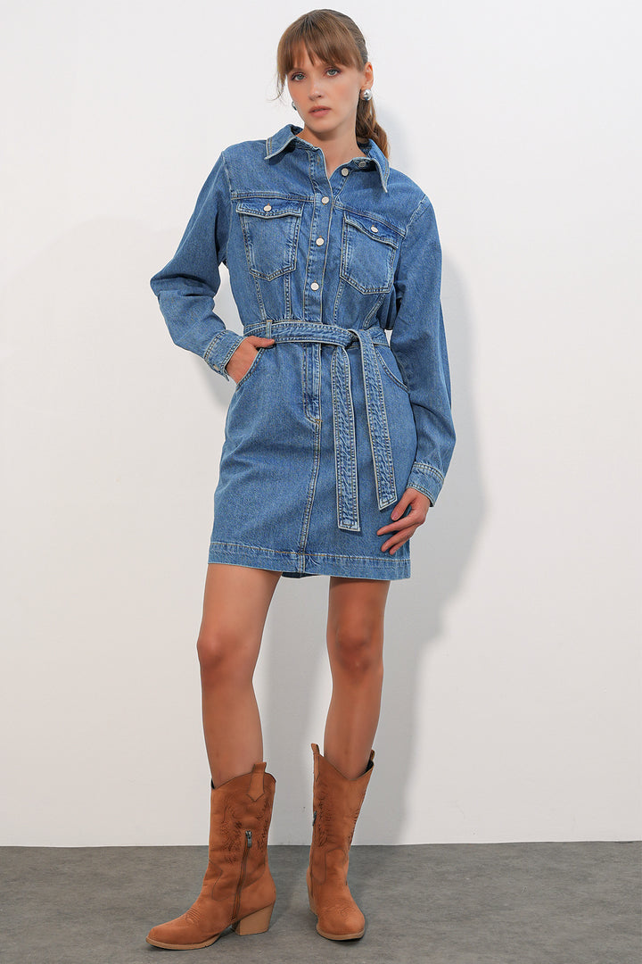 Bigdart Robe en jean à manches longues pour femme 0614 - Bleu foncé