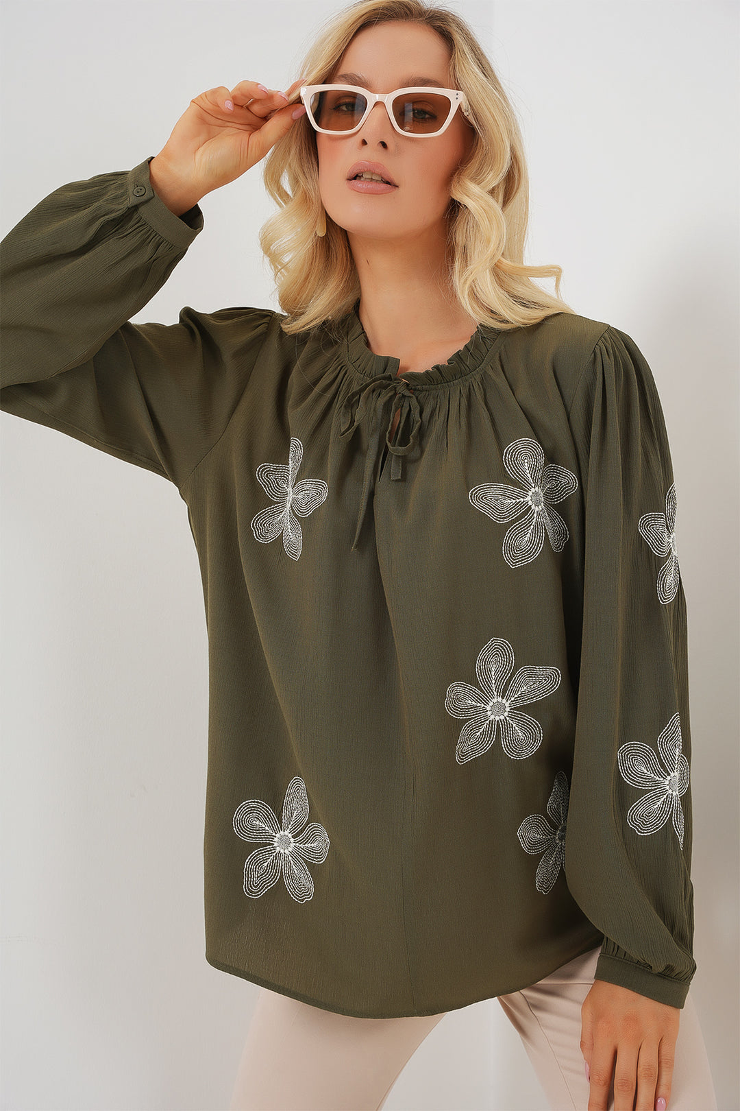 Bigdart Blouse en tricot à manches longues brodée pour femme 951 - Kaki