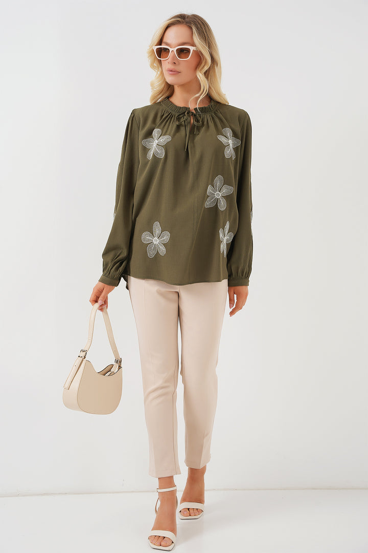 Bigdart Blouse en tricot à manches longues brodée pour femme 951 - Kaki