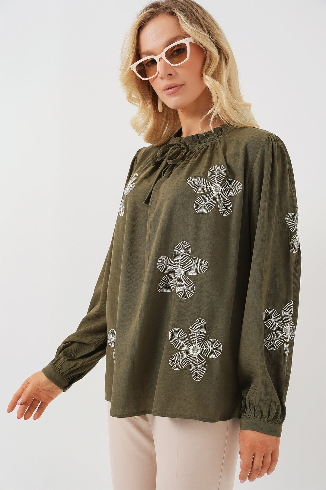Bigdart Blouse en tricot à manches longues brodée pour femme 951 - Kaki