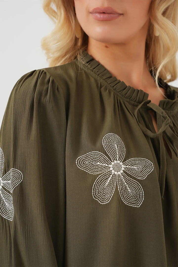 Bigdart Blouse en tricot à manches longues brodée pour femme 951 - Kaki