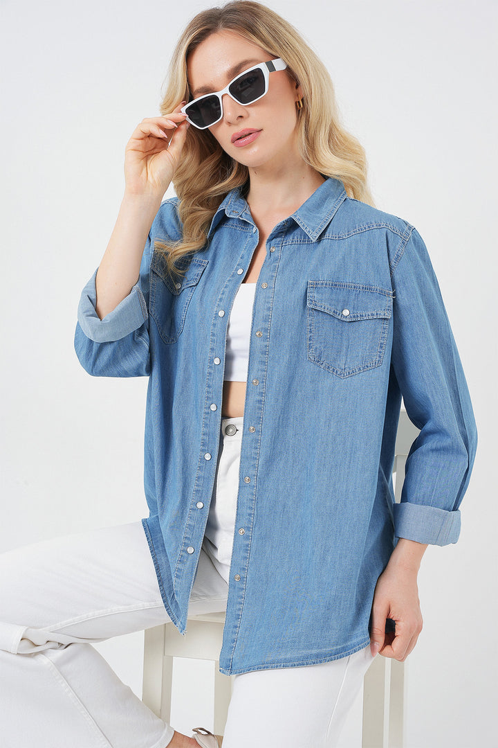 Bigdart Chemisier en denim long pour femme 20318 - Bleu