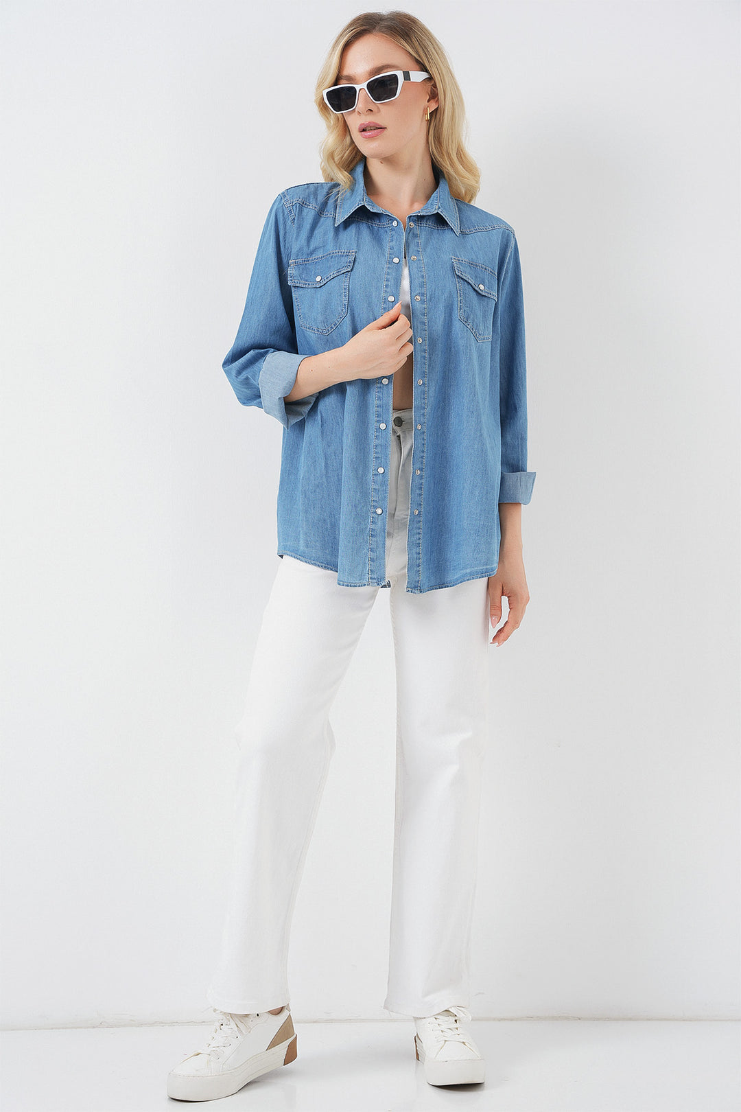 Bigdart Chemisier en denim long pour femme 20318 - Bleu
