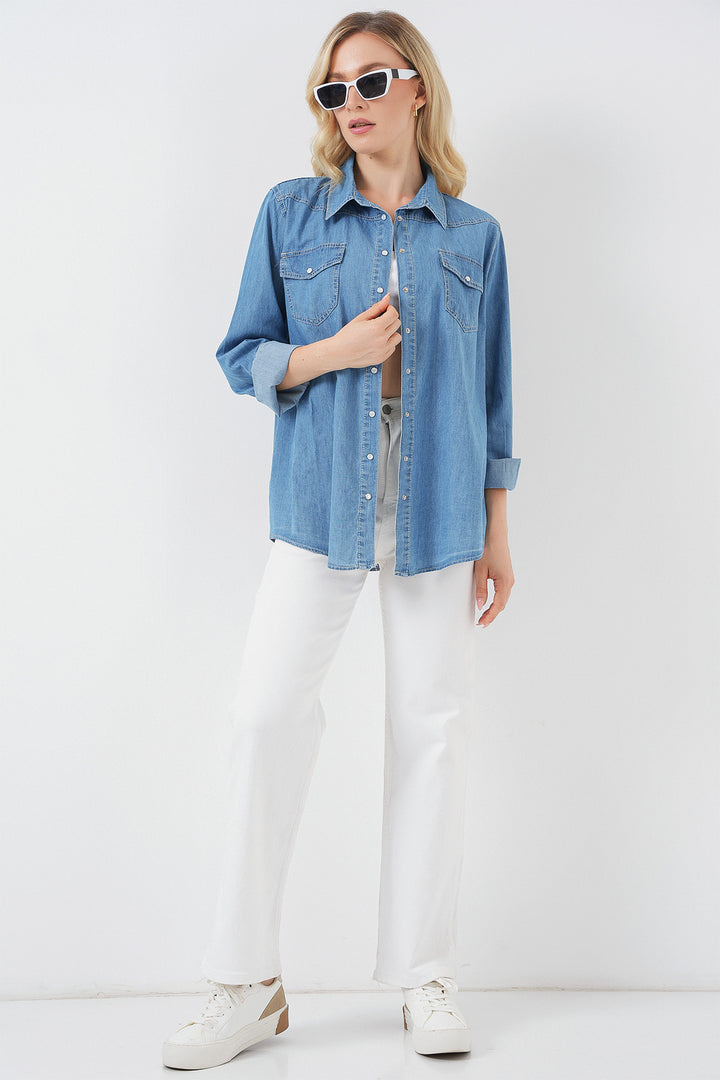 Bigdart Chemisier en denim long pour femme 20318 - Bleu
