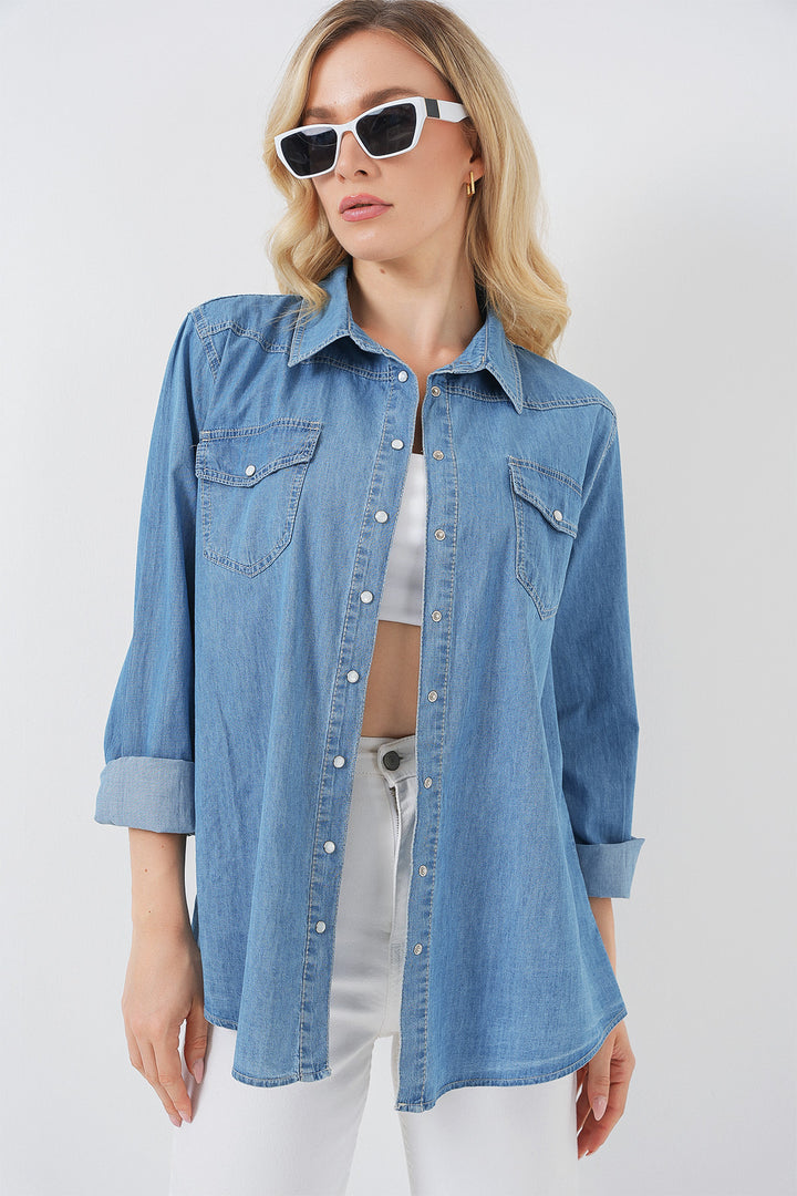 Bigdart Chemisier en denim long pour femme 20318 - Bleu