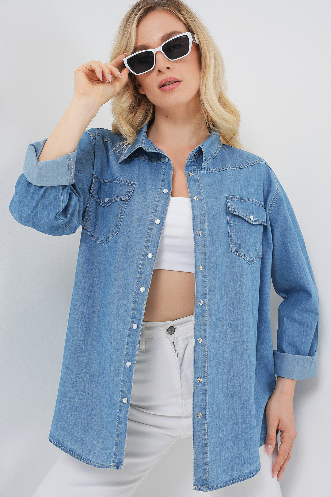 Bigdart Chemisier en denim long pour femme 20318 - Bleu