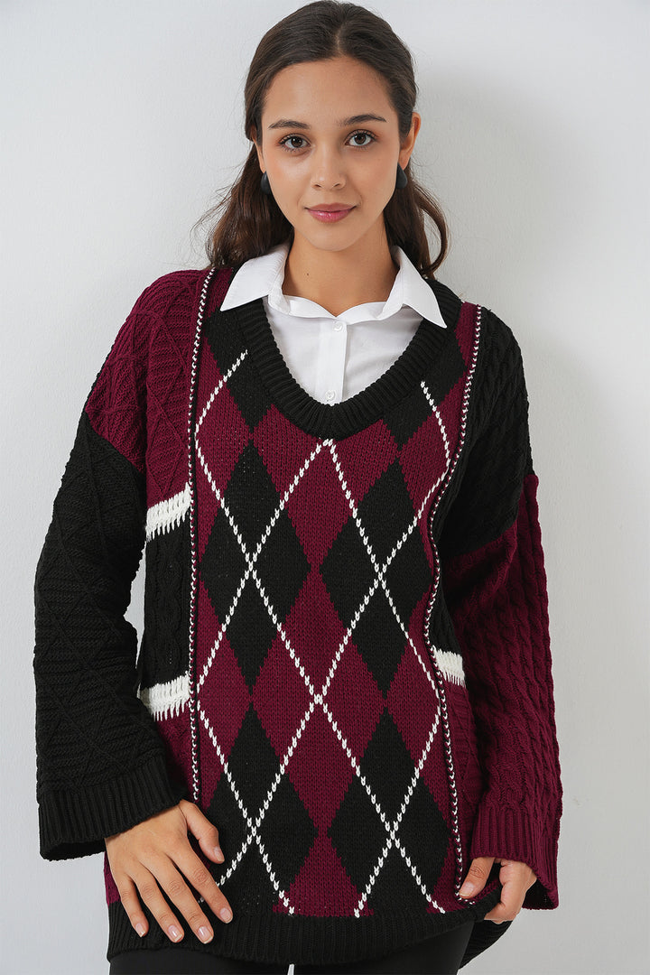 Bigdart Pull en tricot à motifs à col en V pour femme 15933 - Bordeaux