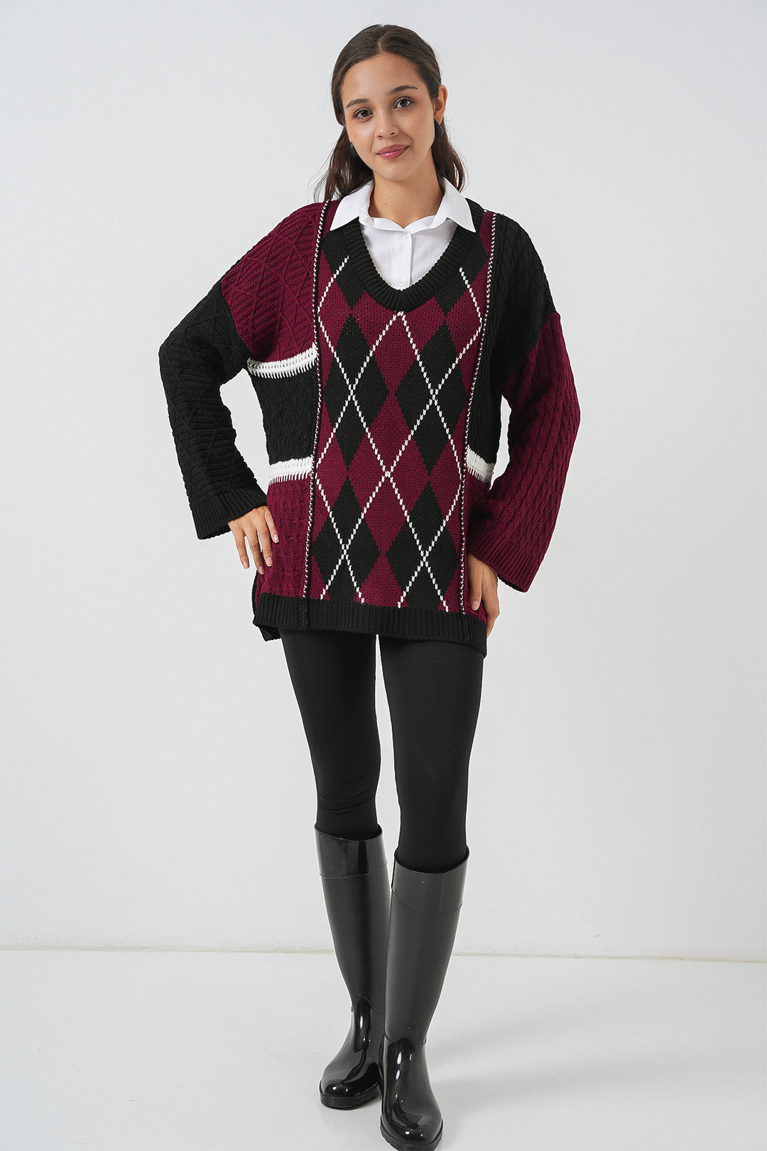 Bigdart Pull en tricot à motifs à col en V pour femme 15933 - Bordeaux